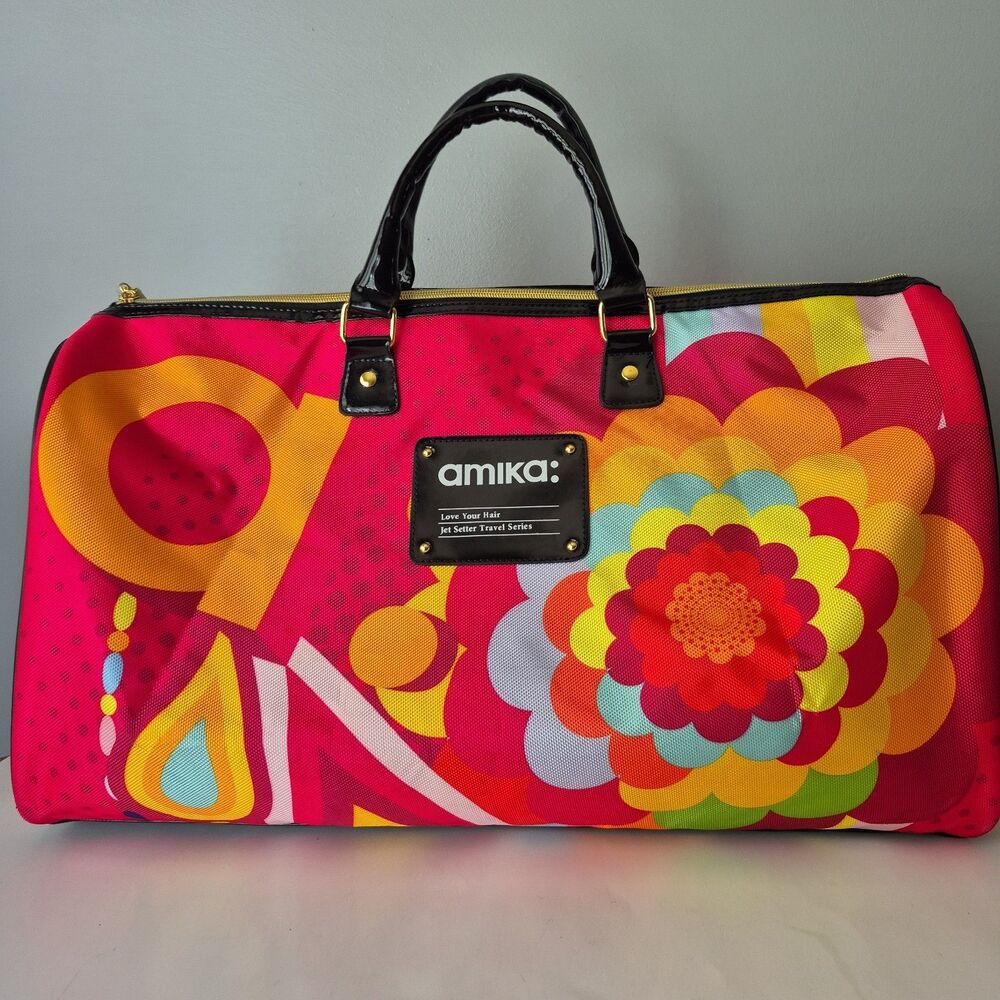 Amika Love Your Hair Jet Setter Large Colorful Floral Logo Travel Duffle Bag